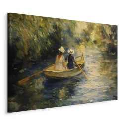 Leinwandbild - Boat crossing - painting of two women sailing a boat on a river