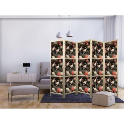 Japanischer Paravent - Ornament with birds - silhouettes of cranes and peony flowers on a dark background