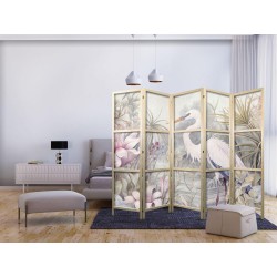 Japanischer Paravent - Heron wading in a pond – illustration in bright colours