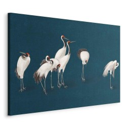 Leinwandbild - Evening by the pond - a group of cranes drawn in dry pastel on a dark turquoise background