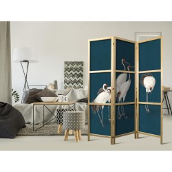 Japanischer Paravent - Evening by the pond - a group of cranes drawn in dry pastel on a dark turquoise background