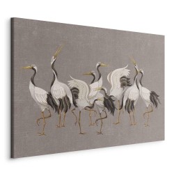 Leinwandbild - Crane dance – bright silhouettes of birds against a warm grey background with texture