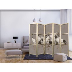 Japanischer Paravent - Crane dance - bright silhouettes of birds on a warm grey background with texture