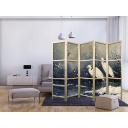 Japanischer Paravent - Herons over a winter pond - Japanese-style illustration in dark colours