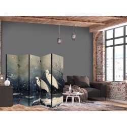 Paravent - Herons over a winter pond - Japanese-style illustration in dark colours