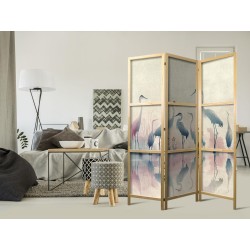 Japanischer Paravent - Birds by the lake – herons painted in watercolours in delicate grey and pink colours