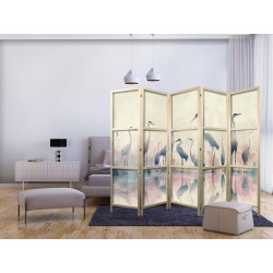Japanischer Paravent - Birds by the lake – herons painted in watercolours in delicate grey and pink colours