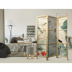 Japanischer Paravent - By an Asian pond - an illustration in the style of a Japanese engraving, depicting a heron