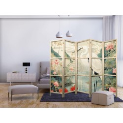 Japanischer Paravent - By an Asian pond - an illustration in the style of a Japanese engraving, depicting a heron