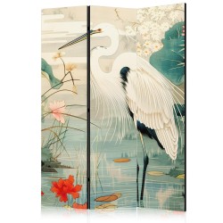 Paravent - By an Asian pond - an illustration in the style of a Japanese engraving, depicting a heron