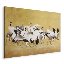 Leinwandbild - Japanese cranes - a flock of birds against a golden background based on a painting by Ishida Yūtei
