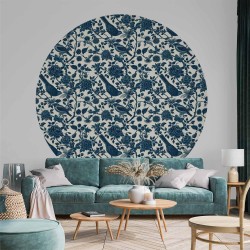 Runde Fototapete - Birds and roses - monochrome blue pattern with botanical motif