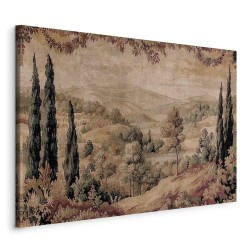 Leinwandbild - Mediterranean landscape - old tapestry with a hill and a lake