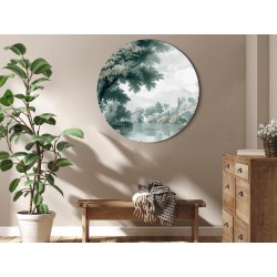 Rundes Bild - Landscape with a park and lake in retro greens