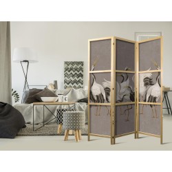 Japanischer Paravent - Crane dance - bright silhouettes of birds on a warm grey background with texture