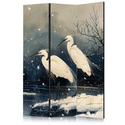 Paravent - Herons over a winter pond - Japanese-style illustration in dark colours