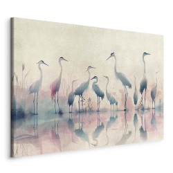 Leinwandbild - Birds by the lake - herons painted in watercolour in delicate grey and pink colours