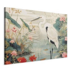 Wandbild XXL - By an Asian pond - an illustration in the style of a Japanese engraving, depicting a heron