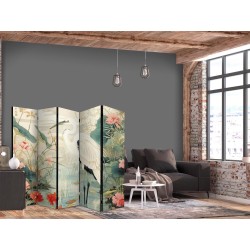 Paravent - By an Asian pond - an illustration in the style of a Japanese engraving, depicting a heron