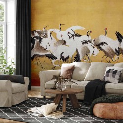 Fototapete - Japanese cranes - a flock of birds against a golden background based on a painting by Ishida Yūtei