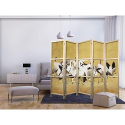 Japanischer Paravent - Japanese cranes - a flock of birds against a golden background based on a painting by Ishida Yūte