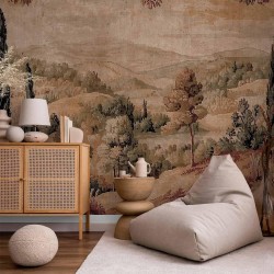 Fototapete - Mediterranean landscape - old tapestry with a hill and a lake