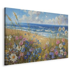 Leinwandbild - Seascape – wildflowers and a view of the rough sea
