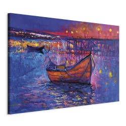 Wandbild XXL - Modern impressionism - night landscape of a lake with a floating boat