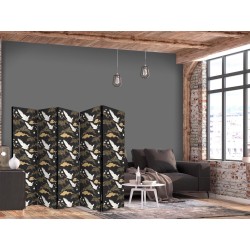Paravent - Oriental impressions - decorative pattern with a motif of flying cranes on a dark background