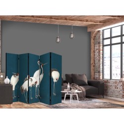 Paravent - Evening by the pond - a group of cranes drawn with dry pastels on a dark turquoise background