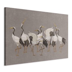 Wandbild XXL - Crane dance – bright silhouettes of birds against a warm grey background with texture