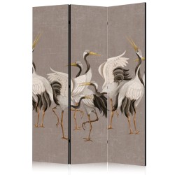 Paravent - Crane dance - bright silhouettes of birds on a warm grey background with texture