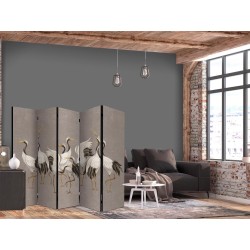 Paravent - Cranes dancing - bright silhouettes of birds on a warm grey background with texture