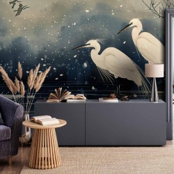 Fototapete - Herons over a winter pond - Japanese-style illustration in dark colours