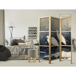 Japanischer Paravent - Herons over a winter pond - Japanese-style illustration in dark colours