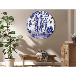 Rundes Bild - Ancient vineyard - three women in a portal painted with blue ink