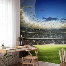 Fototapete - Football pitch - illuminated stadium with crowded stands