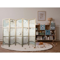 Japanischer Paravent - Cloudy Night Sky - Moons in browns and beiges among numerous clouds and stars on a light backgrou