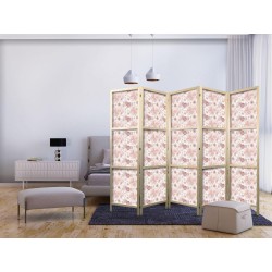 Japanischer Paravent - Pink Blossoming - Flowers in Warm Colors on a White Background