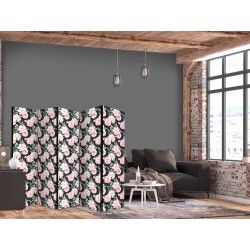 Paravent - Peonies - Pink Flowers and Green Leaves on a Graphite Background