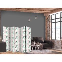 Paravent - Peonies - Pink and White Flowers and Green Leaves on a White Background