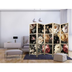 Japanischer Paravent - Floristry in Vintage Style - Huge Colorful Flowers on a Black Background