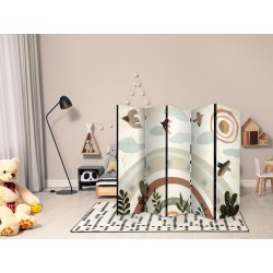 Paravent - Sun Above the Rainbow - Birds in Subdued Colors Flying Among Clouds Above a Rainbow and Vegetation on a Light