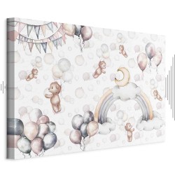 Leinwandbild - Toy Bears with Balloons - Flying Plush Bears Among Balloons Clouds and Rainbows in Subtle Pastel Hues
