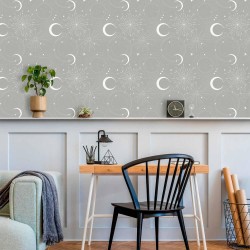 Tapete - Cosmic Fireworks - Elegant pattern with moons and stars on a gray background