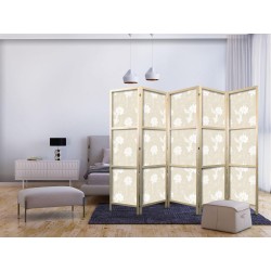 Japanischer Paravent - Fish and Water Lilies - Light Oriental Fish Swimming Among Water Flowers on a Delicate Sand-Beige