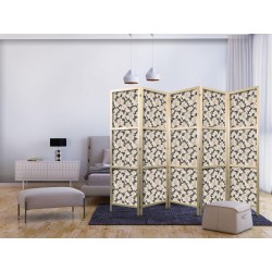 Japanischer Paravent - Among Pink Shrubs - White and Beige Rabbits on a Blooming Meadow