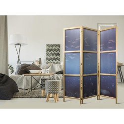 Japanischer Paravent - School of Small Fish - Illuminated Oceanic Depth in Shades of Navy Purple and Gray with a School 