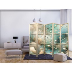 Japanischer Paravent - Spectacular Underwater Landscape - Fish in the Underwater World in Colors of Turquoise Blue Beige
