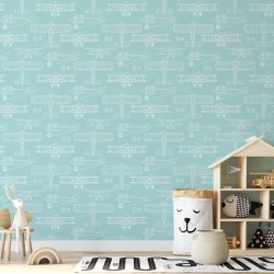 Tapete - Sketch - Outline of an airplane in white on a turquoise background